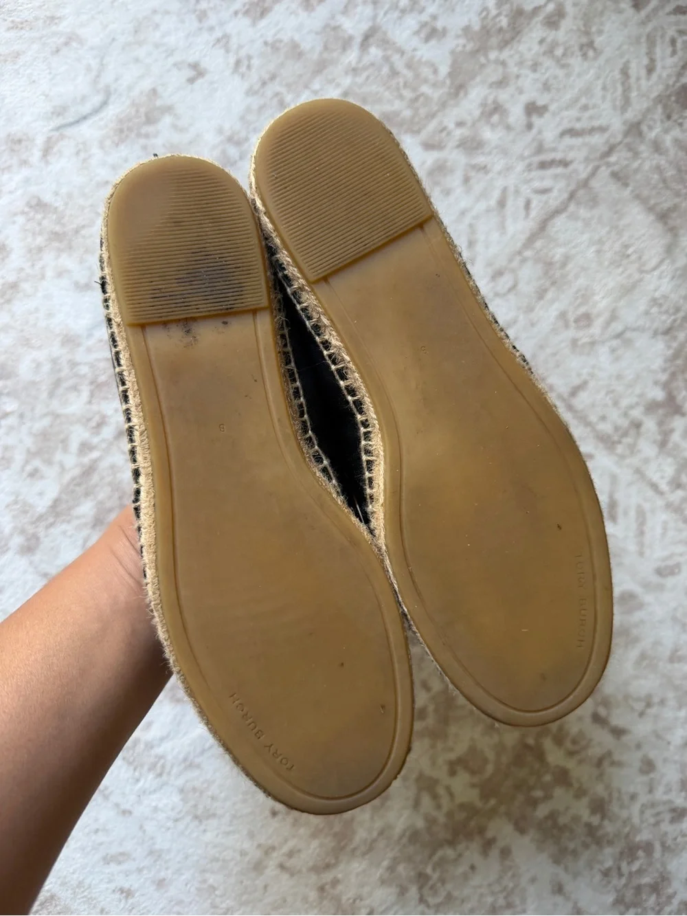 Tory Burch Black Leather Espadrille Slip-Ons with Large Logo